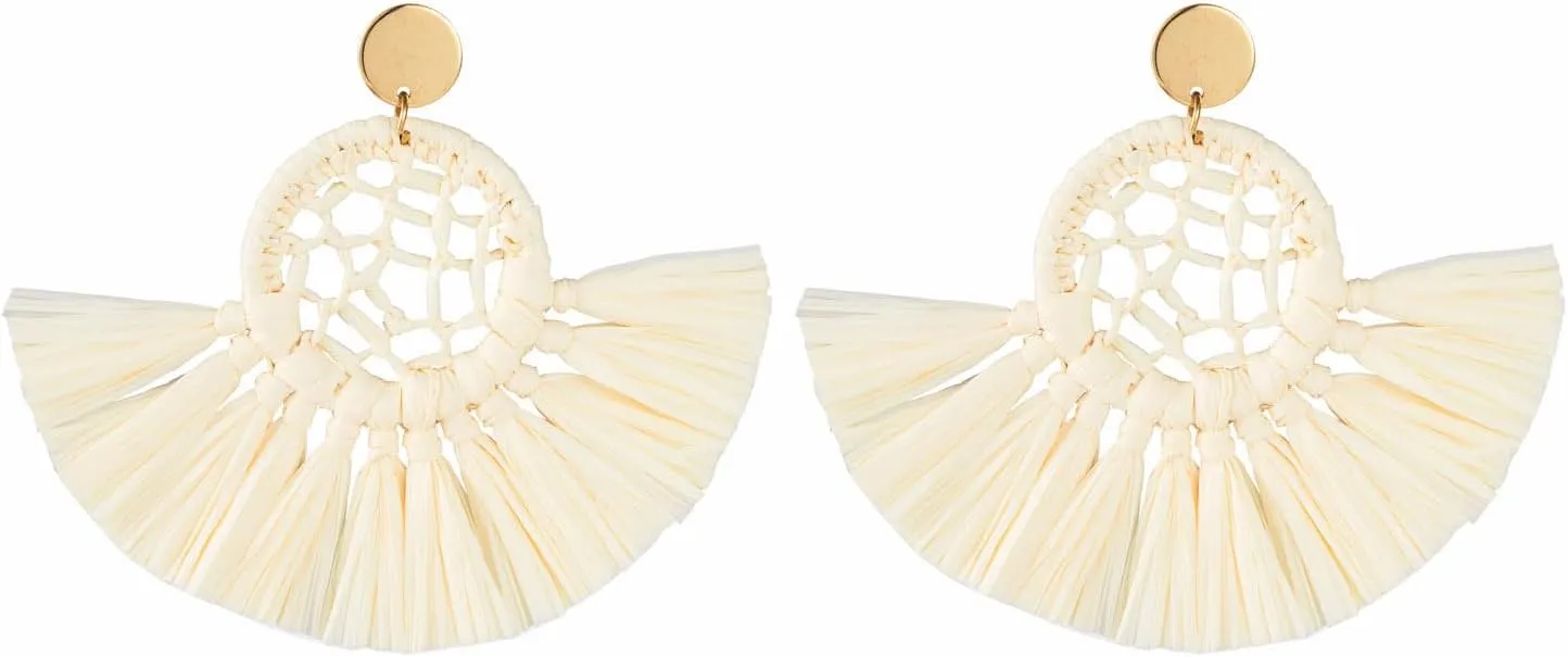 Viva Joya Boho Oversized Raffia Fan Tassel Earrings for Women, Large Statement Dangle Drop, Lightweight Handmade Woven Beach Jewelry