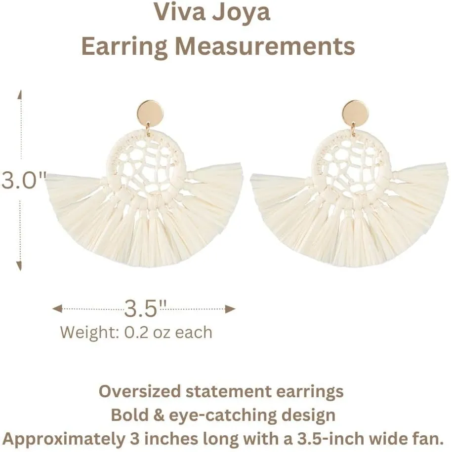 Viva Joya Boho Oversized Raffia Fan Tassel Earrings for Women, Large Statement Dangle Drop, Lightweight Handmade Woven Beach Jewelry