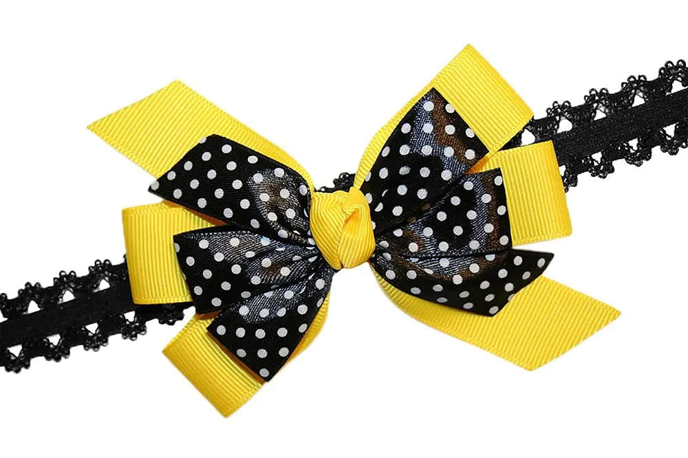 WD2U Baby Girls Black Dotted Grosgrain Boutique Hair Bow Stretch Headband (Sun Yellow)