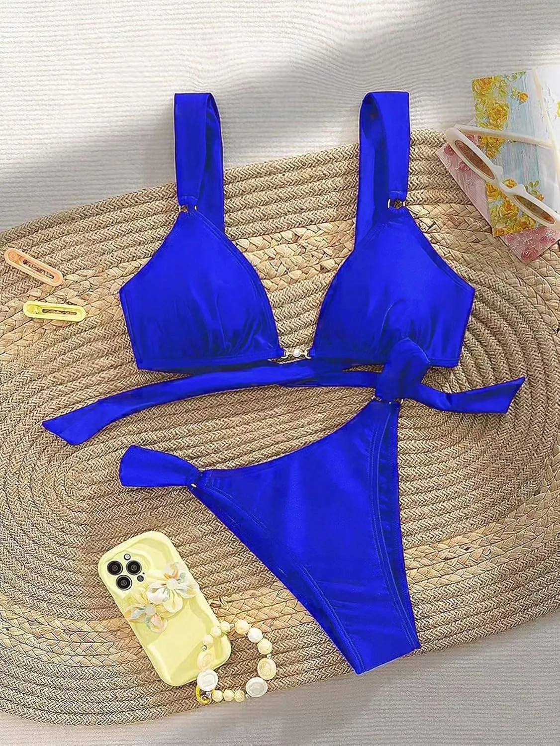 Women's 2 Piece Cheeky Bikini Sets Tie Back Ring Linked Brazilian Swimsuit Sexy Triangle Bathing Suit