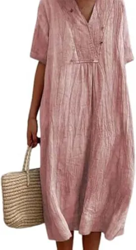 Womens Cotton Linen Midi Dress Summer Beach Casual Dresses V Neck Shift Dress Loose Fit Trapeze Dress