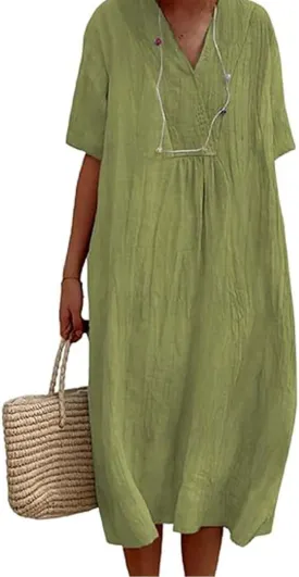 Womens Cotton Linen Midi Dress Summer Beach Casual Dresses V Neck Shift Dress Loose Fit Trapeze Dress