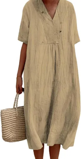 Womens Cotton Linen Midi Dress Summer Beach Casual Dresses V Neck Shift Dress Loose Fit Trapeze Dress