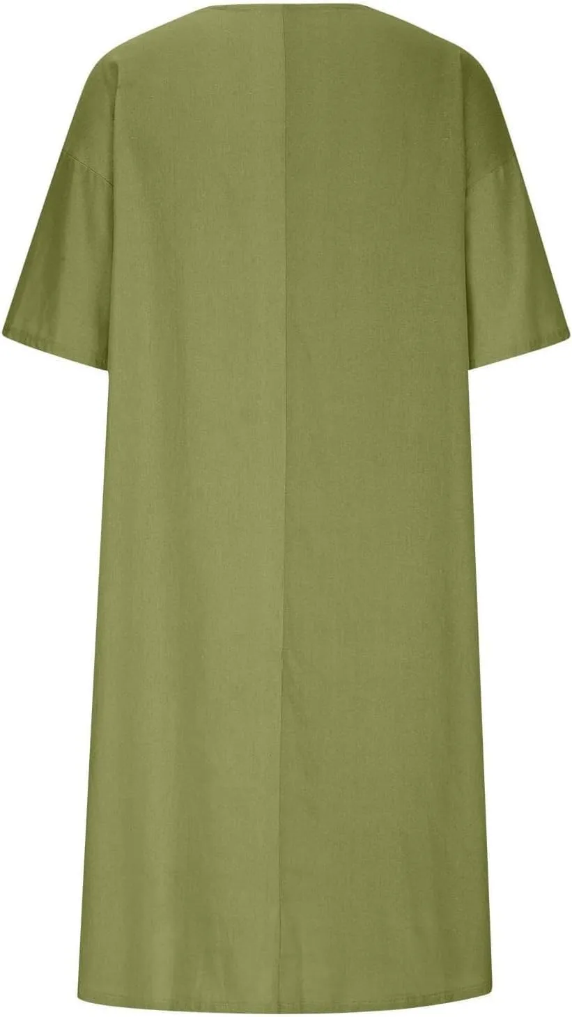Womens Cotton Linen Midi Dress Summer Beach Casual Dresses V Neck Shift Dress Loose Fit Trapeze Dress