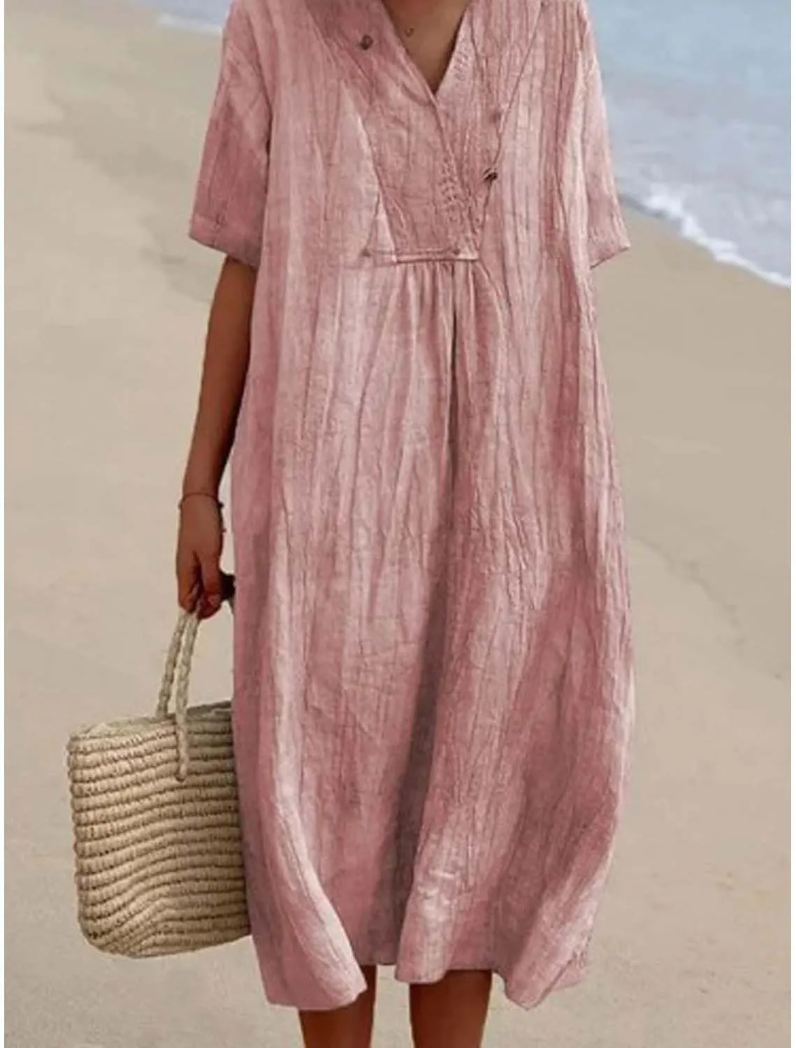 Womens Cotton Linen Midi Dress Summer Beach Casual Dresses V Neck Shift Dress Loose Fit Trapeze Dress