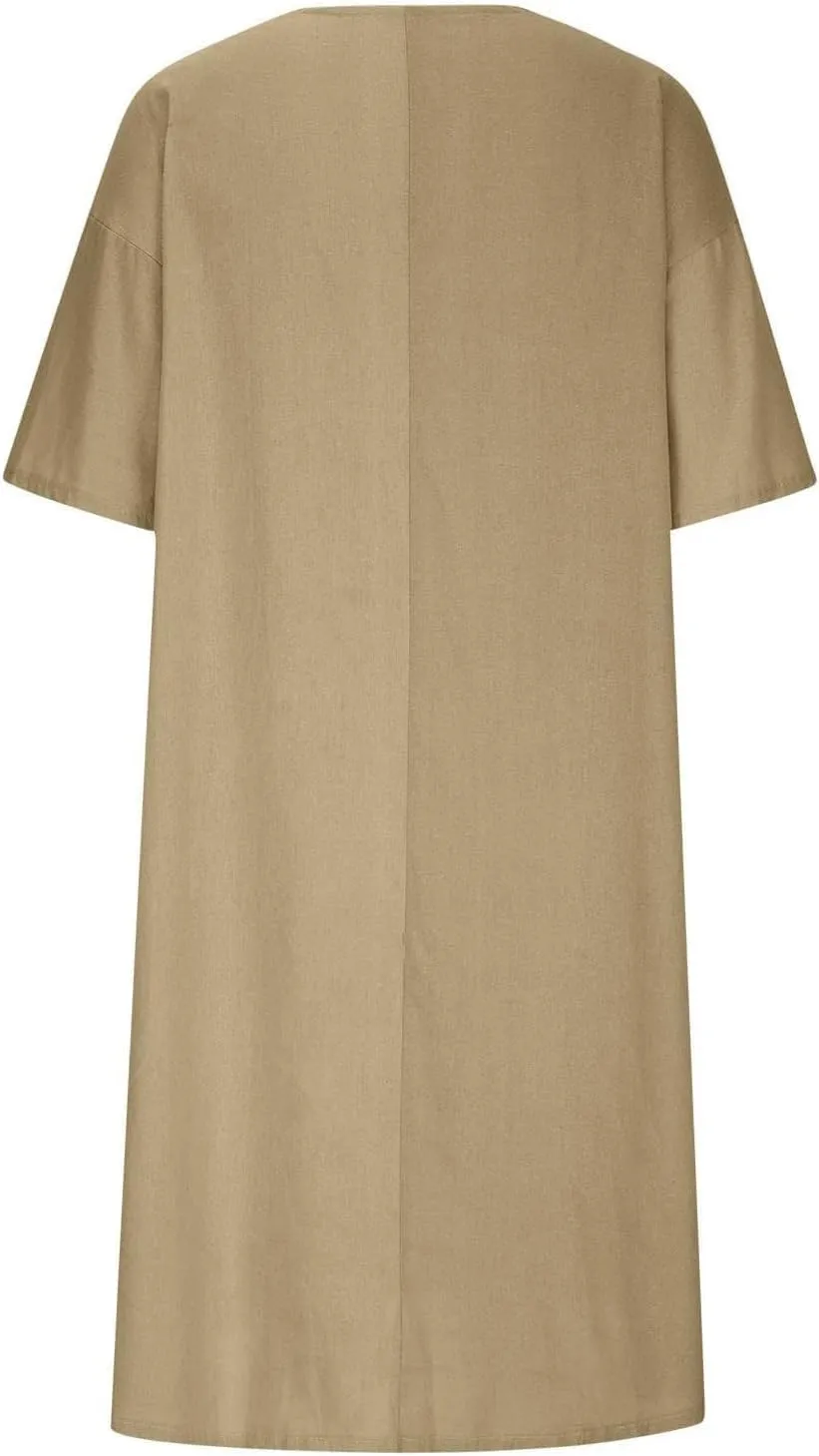 Womens Cotton Linen Midi Dress Summer Beach Casual Dresses V Neck Shift Dress Loose Fit Trapeze Dress